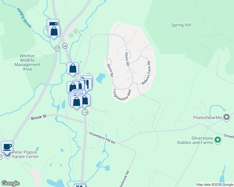 map of restaurants, bars, coffee shops, grocery stores, and more near 11 Longmeadow Way in Acton