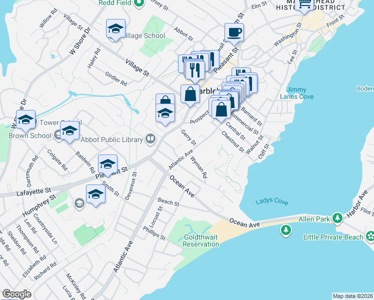 map of restaurants, bars, coffee shops, grocery stores, and more near 11 West Cottage Street in Marblehead