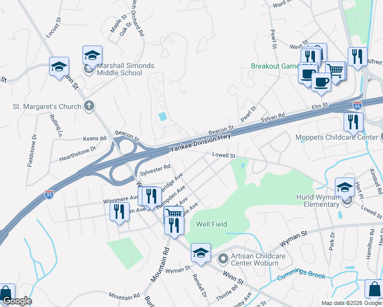 map of restaurants, bars, coffee shops, grocery stores, and more near 17 Lowell Street in Burlington