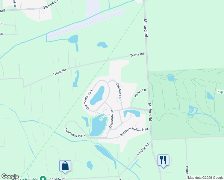 map of restaurants, bars, coffee shops, grocery stores, and more near 28523 Oakmonte Circle East in Lyon Charter Township