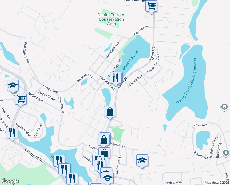 map of restaurants, bars, coffee shops, grocery stores, and more near 5 Broadway in Lynn