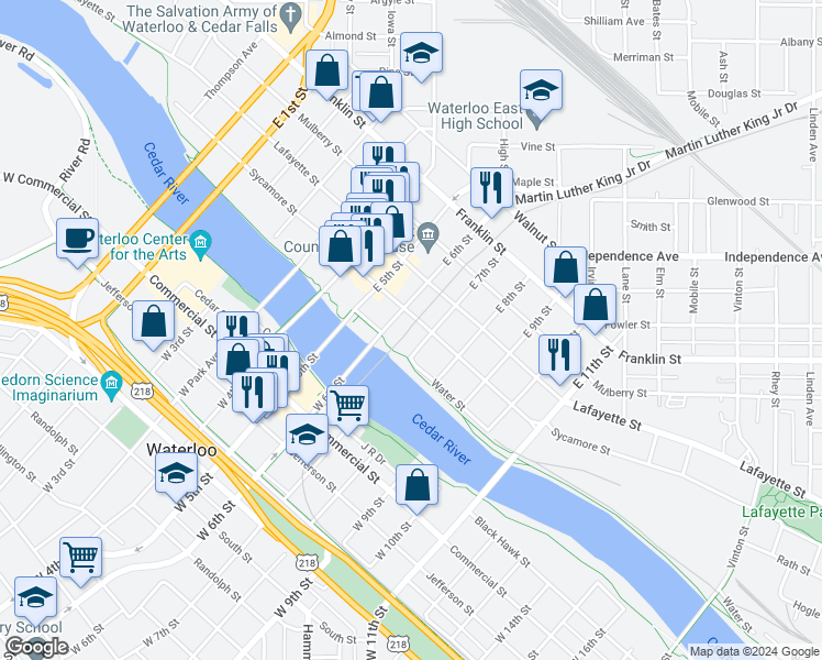 map of restaurants, bars, coffee shops, grocery stores, and more near 824 Sycamore Street in Waterloo