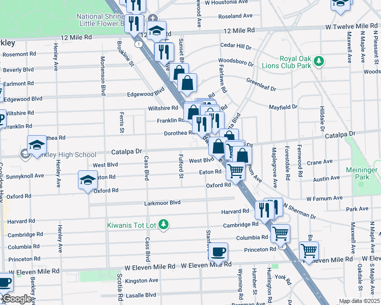 map of restaurants, bars, coffee shops, grocery stores, and more near 1205 Catalpa Drive in Berkley