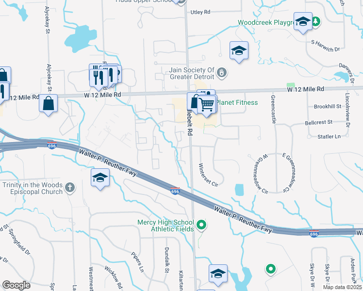 map of restaurants, bars, coffee shops, grocery stores, and more near 27362 Strawberry Lane in Farmington Hills