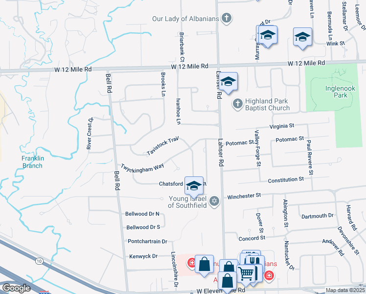 map of restaurants, bars, coffee shops, grocery stores, and more near 22220 Twyckingham Way in Southfield