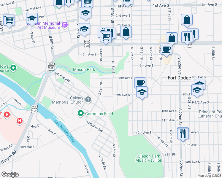 map of restaurants, bars, coffee shops, grocery stores, and more near 825 South 15th Street in Fort Dodge