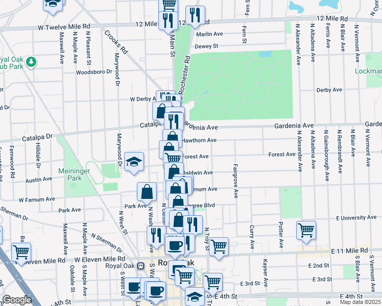map of restaurants, bars, coffee shops, grocery stores, and more near 127 Forest Avenue in Royal Oak