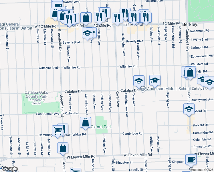 map of restaurants, bars, coffee shops, grocery stores, and more near 2667 Oakshire Avenue in Berkley