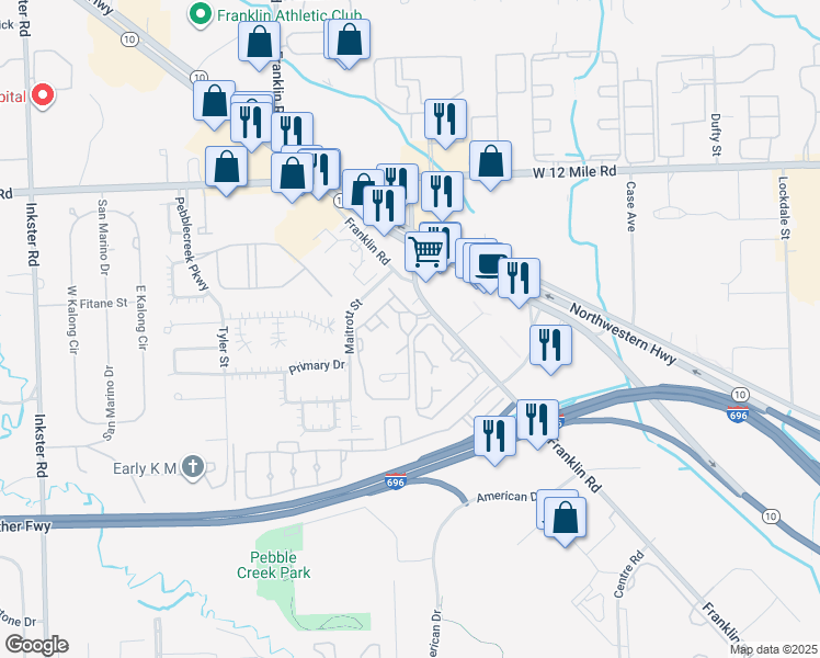 map of restaurants, bars, coffee shops, grocery stores, and more near 28465 Franklin Road in Southfield