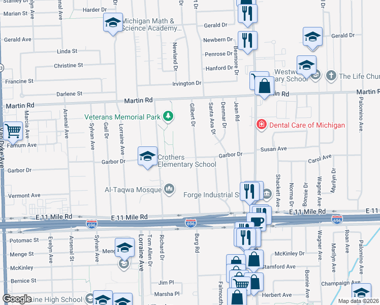 map of restaurants, bars, coffee shops, grocery stores, and more near 27584 Gilbert Drive in Warren