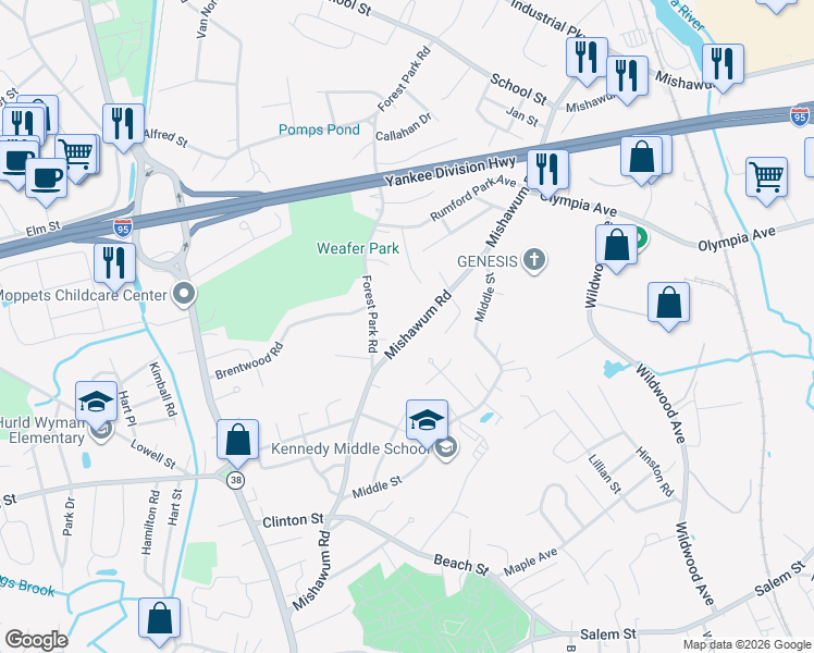 map of restaurants, bars, coffee shops, grocery stores, and more near 17 Forest Park Road in Woburn