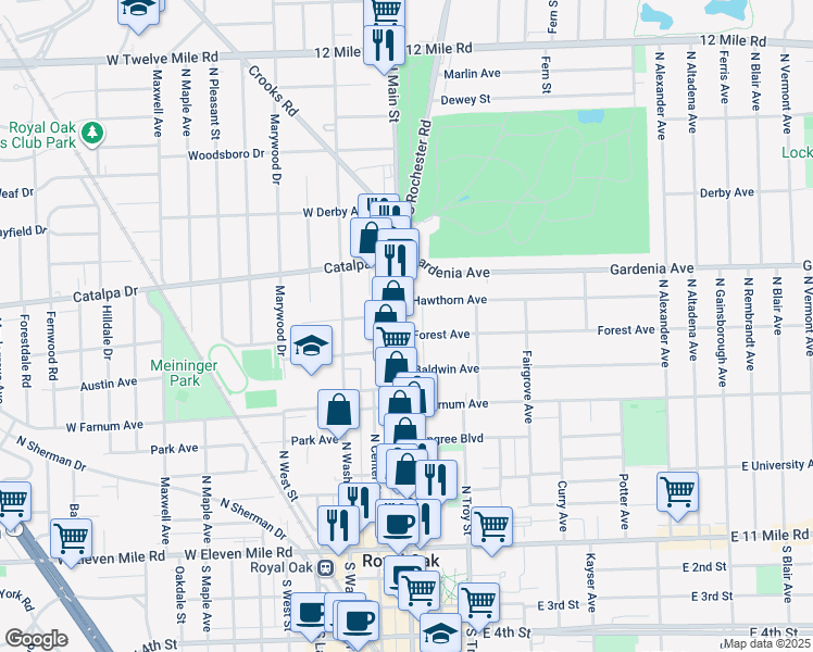 map of restaurants, bars, coffee shops, grocery stores, and more near 829 North Main Street in Royal Oak