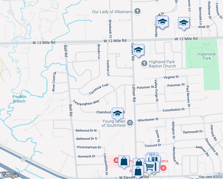map of restaurants, bars, coffee shops, grocery stores, and more near 22220 Twyckingham Way in Southfield