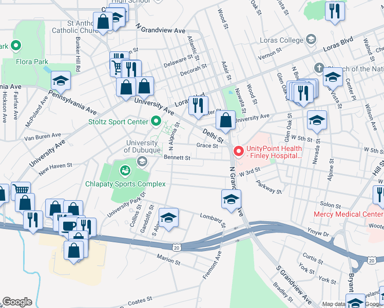 map of restaurants, bars, coffee shops, grocery stores, and more near 1961 Grace Street in Dubuque