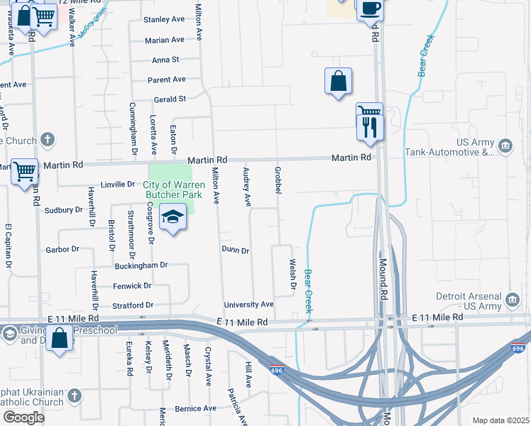 map of restaurants, bars, coffee shops, grocery stores, and more near 5144 Sudbury Drive in Warren
