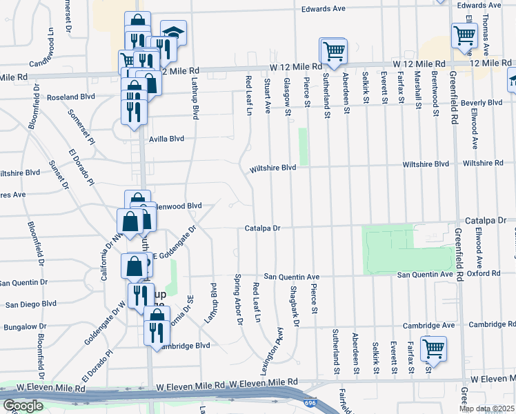 map of restaurants, bars, coffee shops, grocery stores, and more near 28060 Red Leaf Lane in Southfield