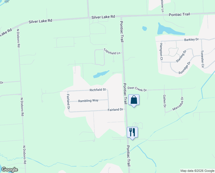 map of restaurants, bars, coffee shops, grocery stores, and more near 61400 Richfield Street in South Lyon