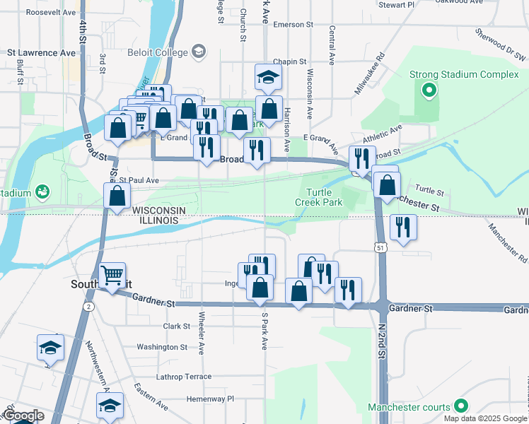 map of restaurants, bars, coffee shops, grocery stores, and more near 20 Park Avenue in Beloit