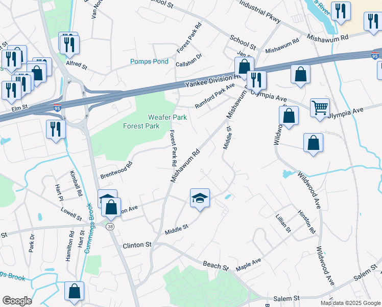 map of restaurants, bars, coffee shops, grocery stores, and more near 17 Forest Park Road in Woburn