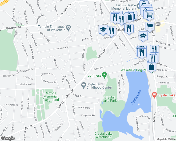 map of restaurants, bars, coffee shops, grocery stores, and more near 307 Albion Street in Wakefield