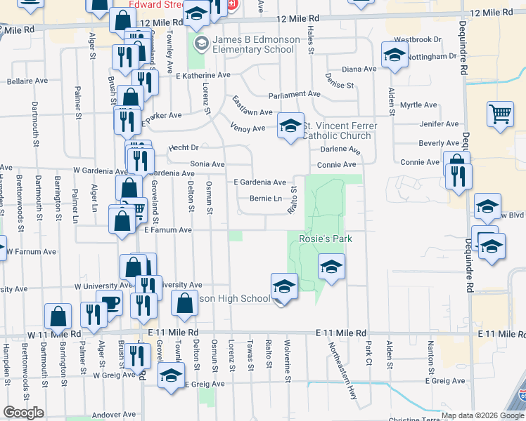 map of restaurants, bars, coffee shops, grocery stores, and more near 27747 Goldin Drive in Madison Heights