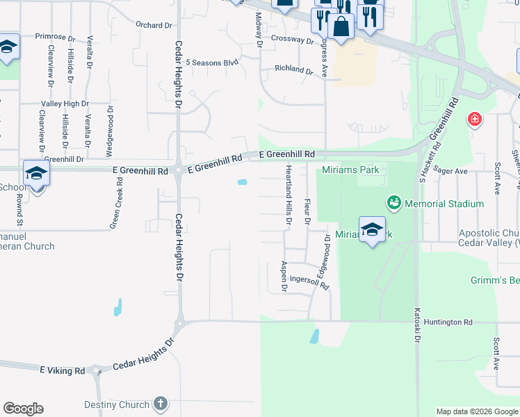 map of restaurants, bars, coffee shops, grocery stores, and more near 4054 Jill Drive in Waterloo