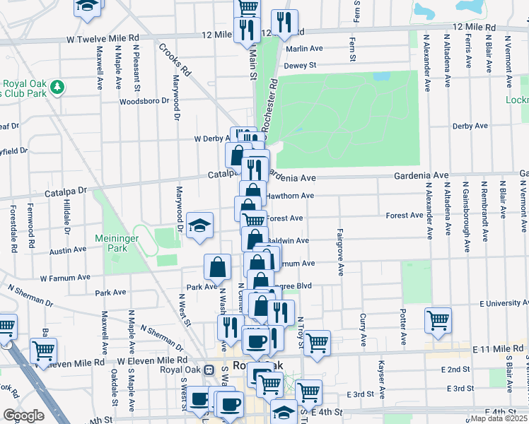 map of restaurants, bars, coffee shops, grocery stores, and more near 127 Forest Avenue in Royal Oak