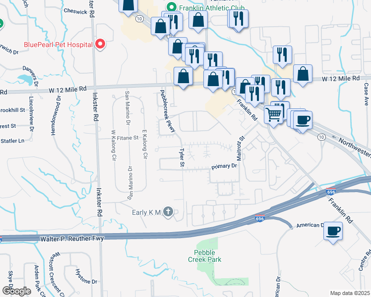 map of restaurants, bars, coffee shops, grocery stores, and more near 28437 Lady K Court in Southfield