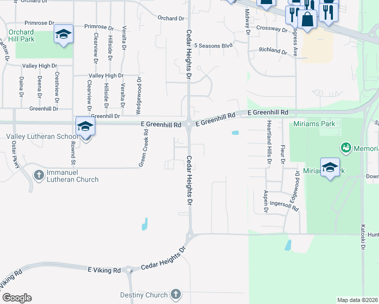 map of restaurants, bars, coffee shops, grocery stores, and more near 4601 Cedar Heights Drive in Cedar Falls