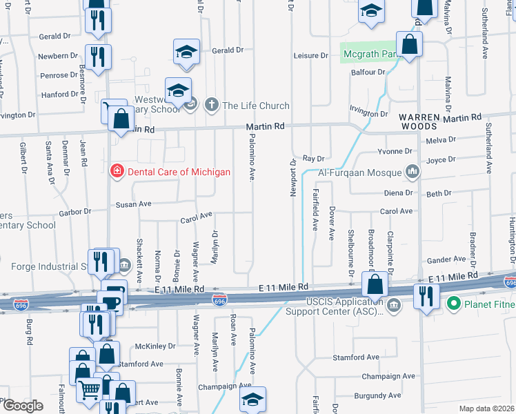 map of restaurants, bars, coffee shops, grocery stores, and more near 27526 Palomino Drive in Warren