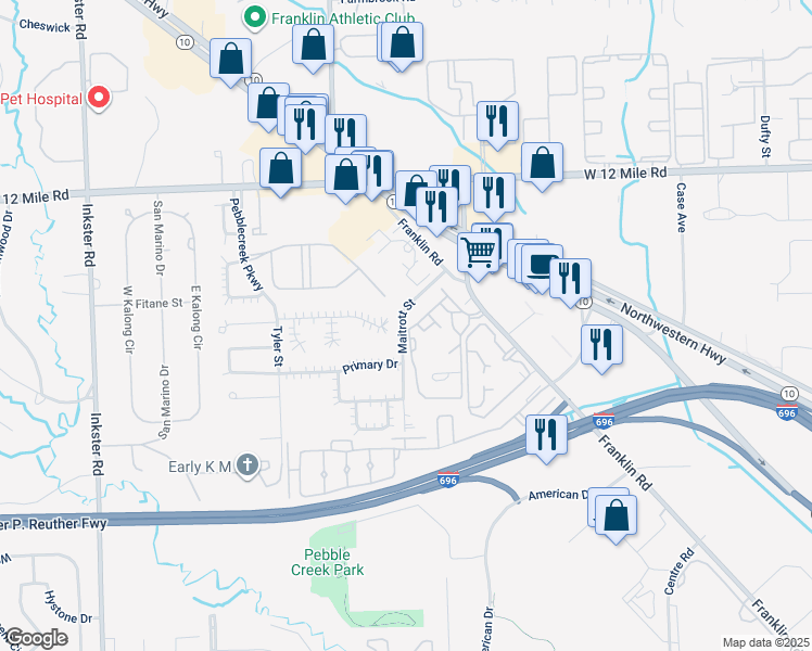 map of restaurants, bars, coffee shops, grocery stores, and more near 28257 Maitrott Street in Southfield