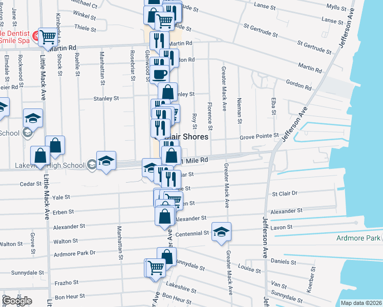 map of restaurants, bars, coffee shops, grocery stores, and more near 26110 Harper Avenue in St. Clair Shores