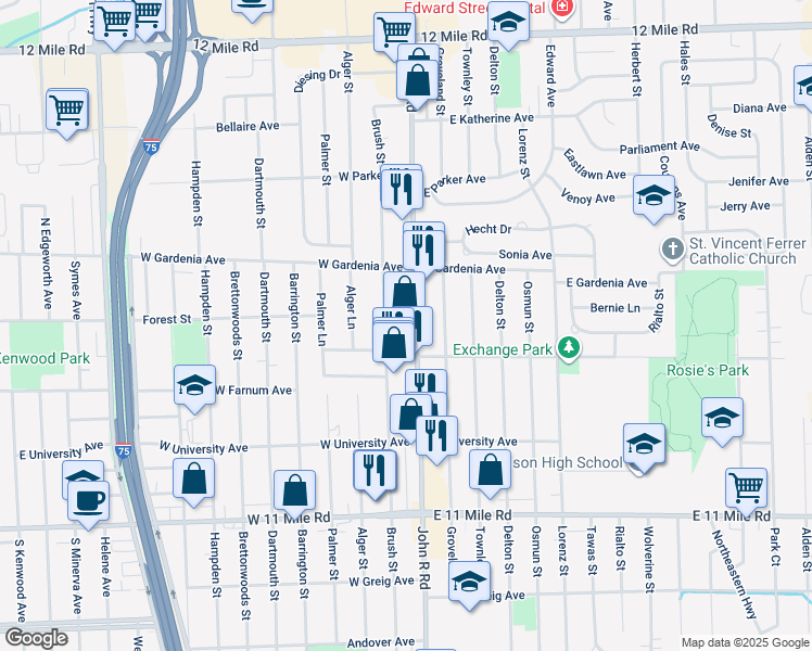 map of restaurants, bars, coffee shops, grocery stores, and more near 27733 John R Road in Madison Heights