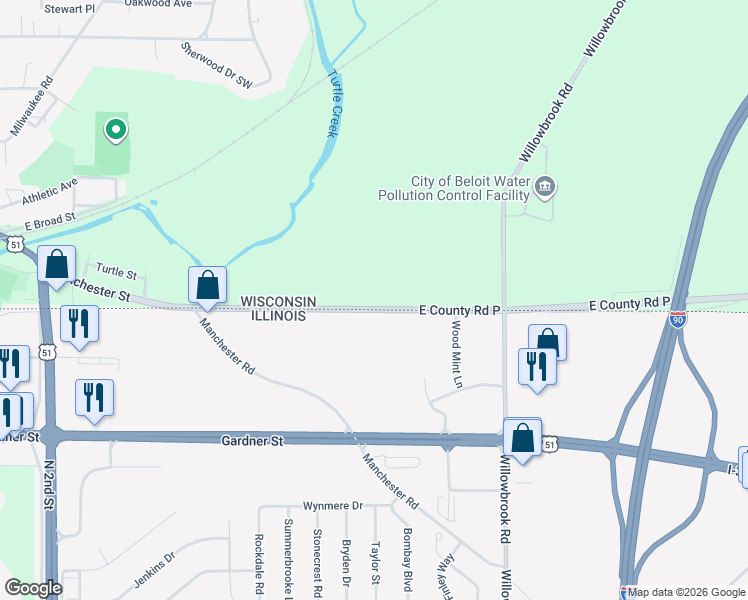map of restaurants, bars, coffee shops, grocery stores, and more near 1425 State Line Road in Beloit