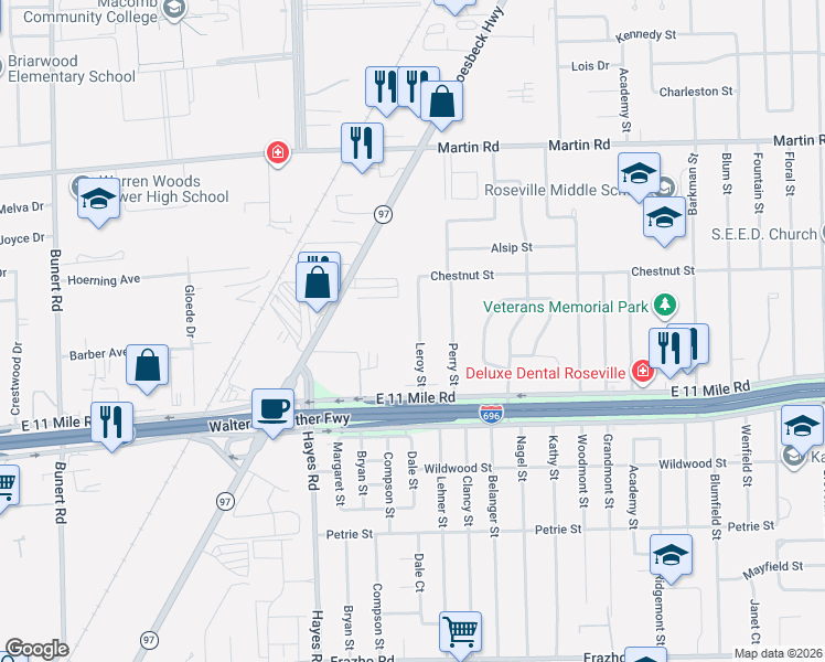 map of restaurants, bars, coffee shops, grocery stores, and more near 27261 Leroy Street in Roseville