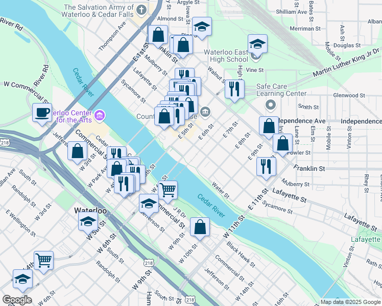 map of restaurants, bars, coffee shops, grocery stores, and more near 800 Sycamore Street in Waterloo
