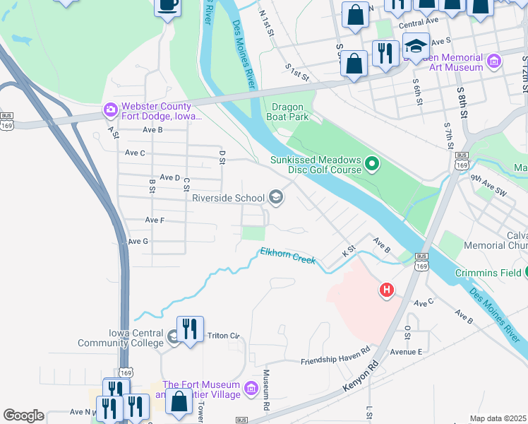 map of restaurants, bars, coffee shops, grocery stores, and more near 733 F Street in Fort Dodge