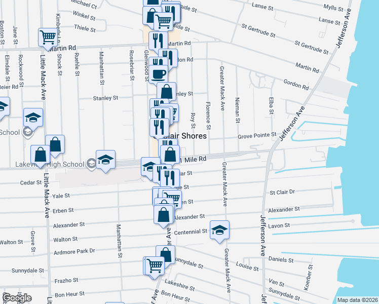 map of restaurants, bars, coffee shops, grocery stores, and more near 26110 Harper Avenue in St. Clair Shores
