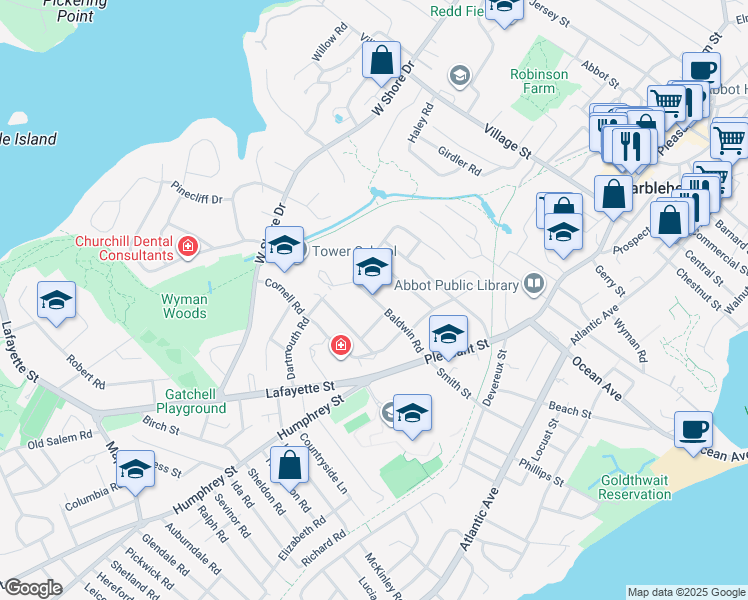 map of restaurants, bars, coffee shops, grocery stores, and more near 40 Baldwin Road in Marblehead