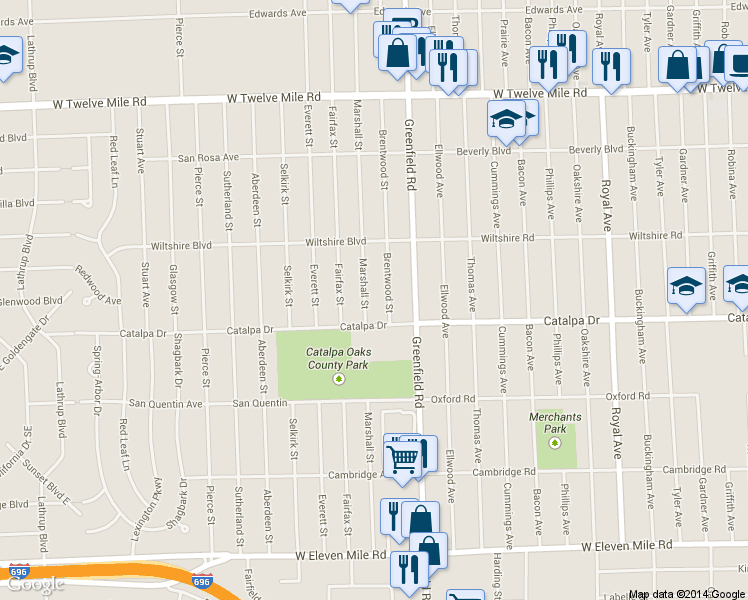 map of restaurants, bars, coffee shops, grocery stores, and more near 28054 Marshall Street in Southfield