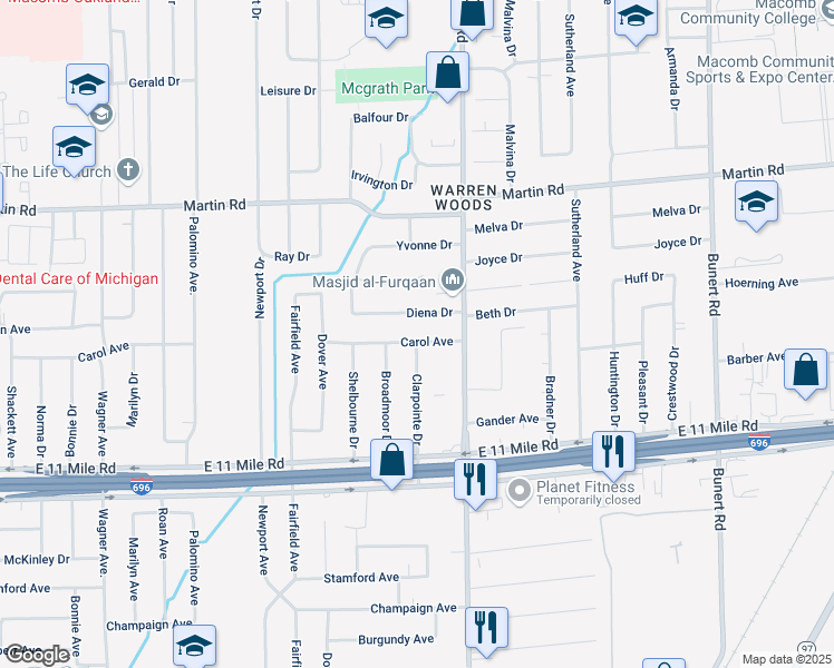 map of restaurants, bars, coffee shops, grocery stores, and more near 13405 Carol Avenue in Warren