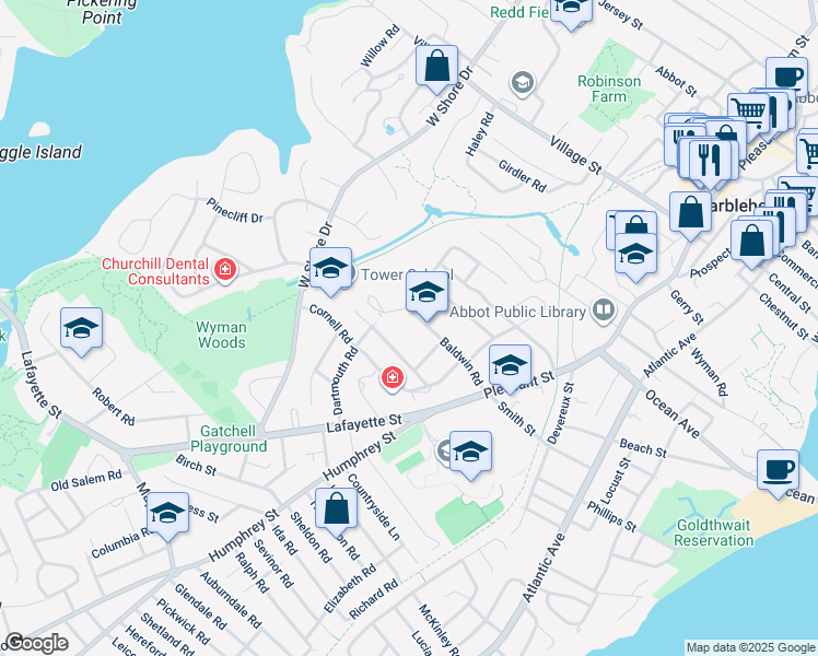 map of restaurants, bars, coffee shops, grocery stores, and more near 40 Baldwin Road in Marblehead