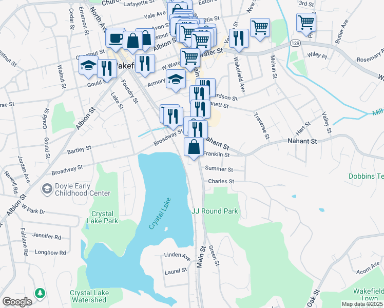 map of restaurants, bars, coffee shops, grocery stores, and more near 1 Railroad Avenue in Wakefield