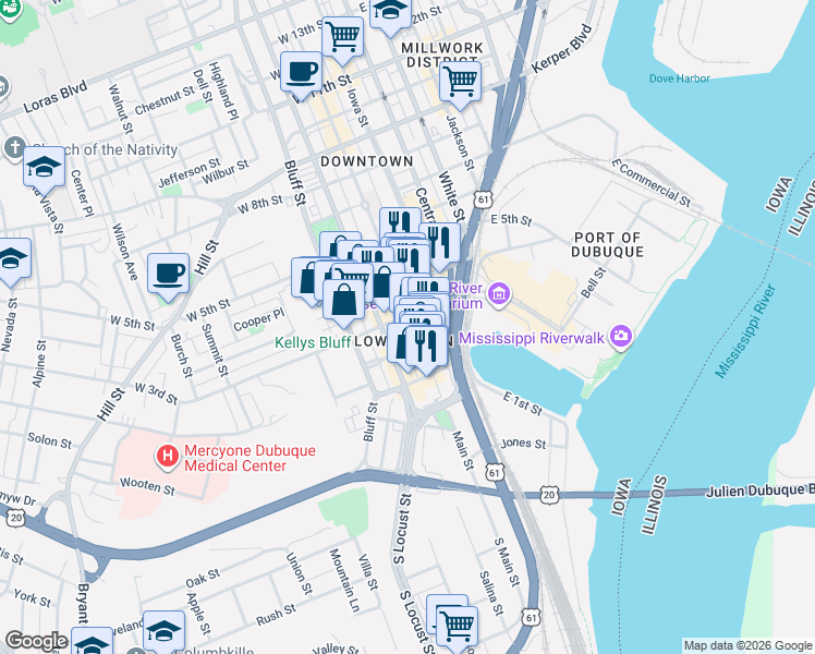 map of restaurants, bars, coffee shops, grocery stores, and more near 236 Main Street in Dubuque