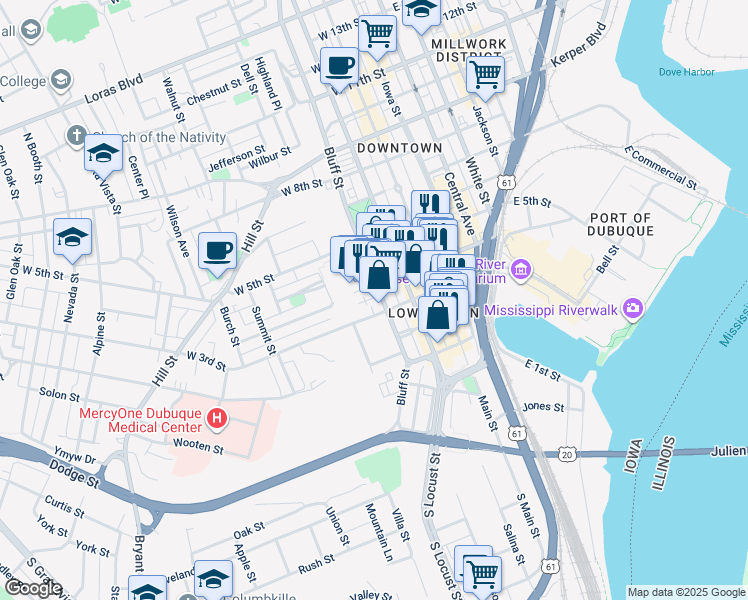map of restaurants, bars, coffee shops, grocery stores, and more near in Dubuque