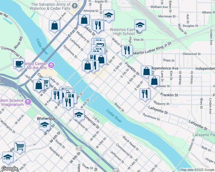 map of restaurants, bars, coffee shops, grocery stores, and more near 800 Sycamore Street in Waterloo