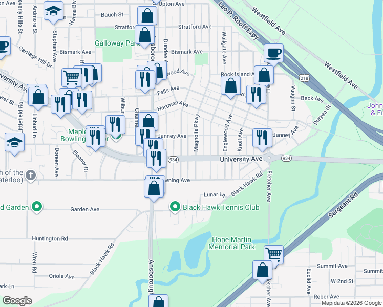 map of restaurants, bars, coffee shops, grocery stores, and more near 1237 Magnolia Parkway in Waterloo