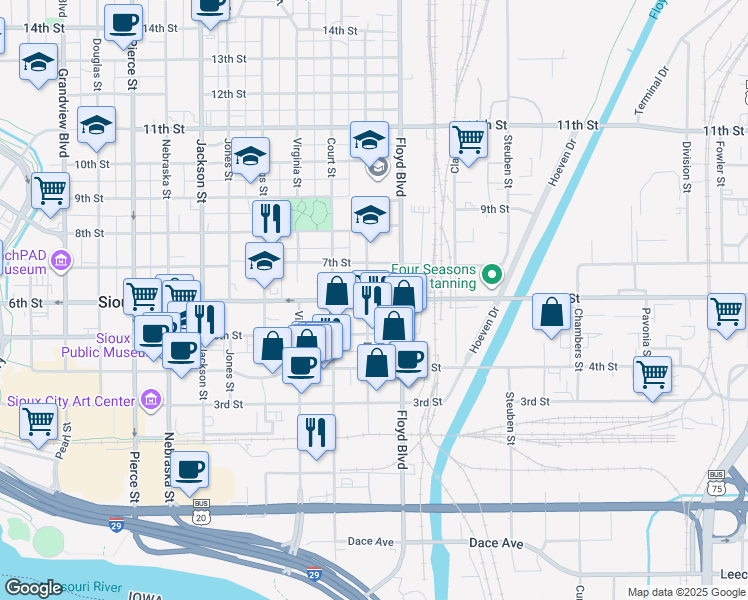 map of restaurants, bars, coffee shops, grocery stores, and more near 1205 6th Street in Sioux City