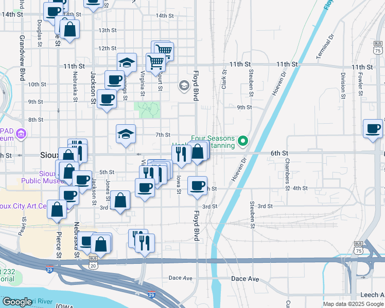 map of restaurants, bars, coffee shops, grocery stores, and more near 1276 6th Street in Sioux City