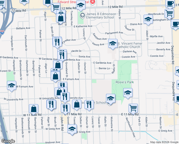 map of restaurants, bars, coffee shops, grocery stores, and more near 27781 Lorenz Street in Madison Heights